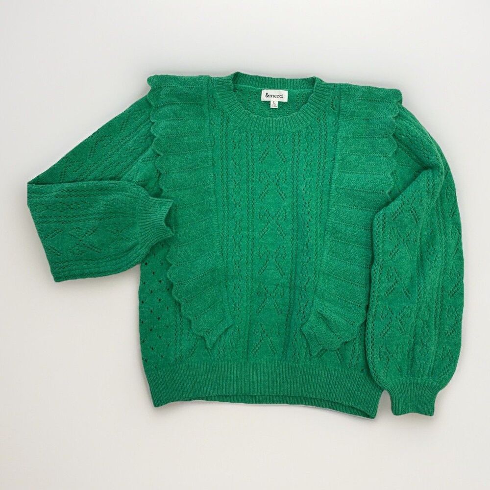 &Merci Sweater Womens Size Large Green Ruffles Pointelle Long Sleeve